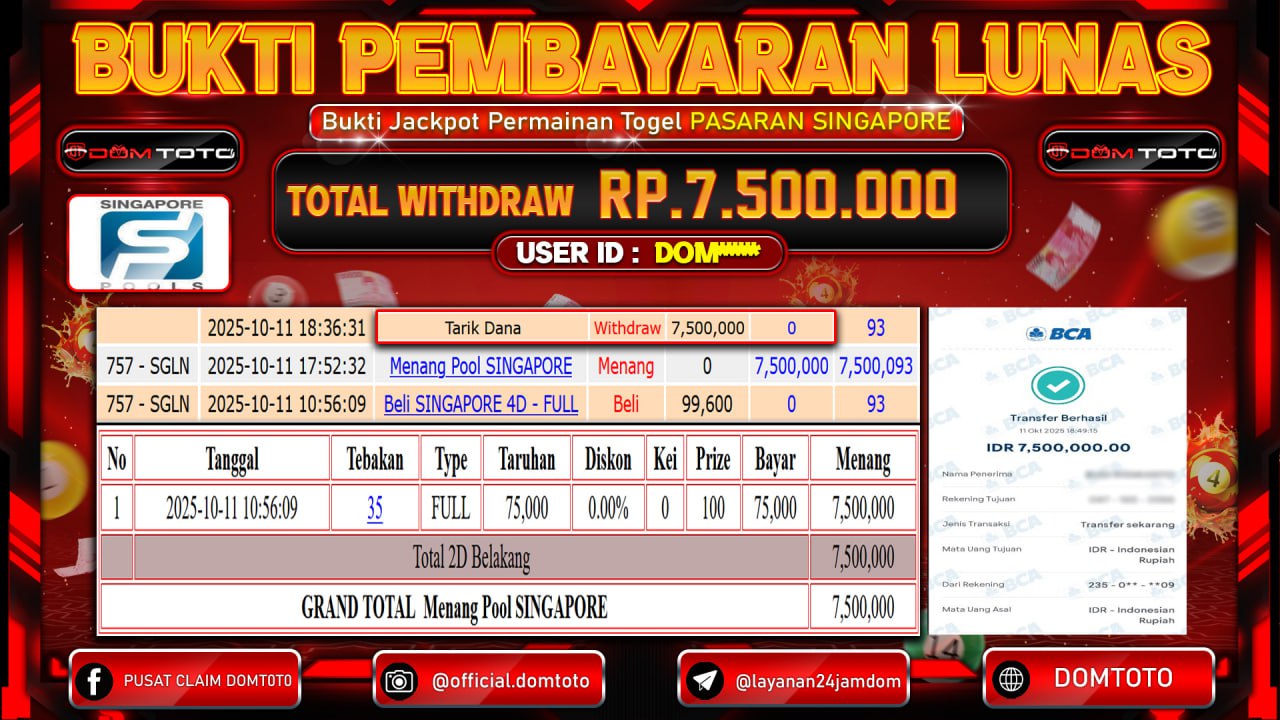JACKPOT Togel PASARAN SINGAPORE 11 OKTOBER 2025